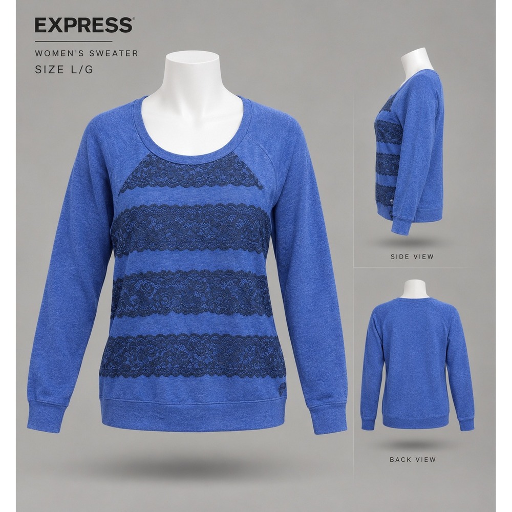 Express M22 Women Blue Heath Lace Sequin Stripe Raglan Scoop Neck Sweater Large
